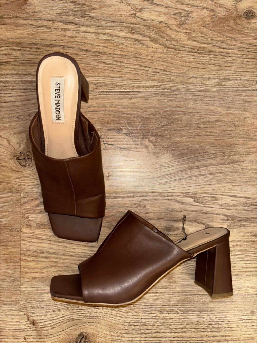 Steve Madden Dark Brown Leather Square-Toe Block Heel Mules